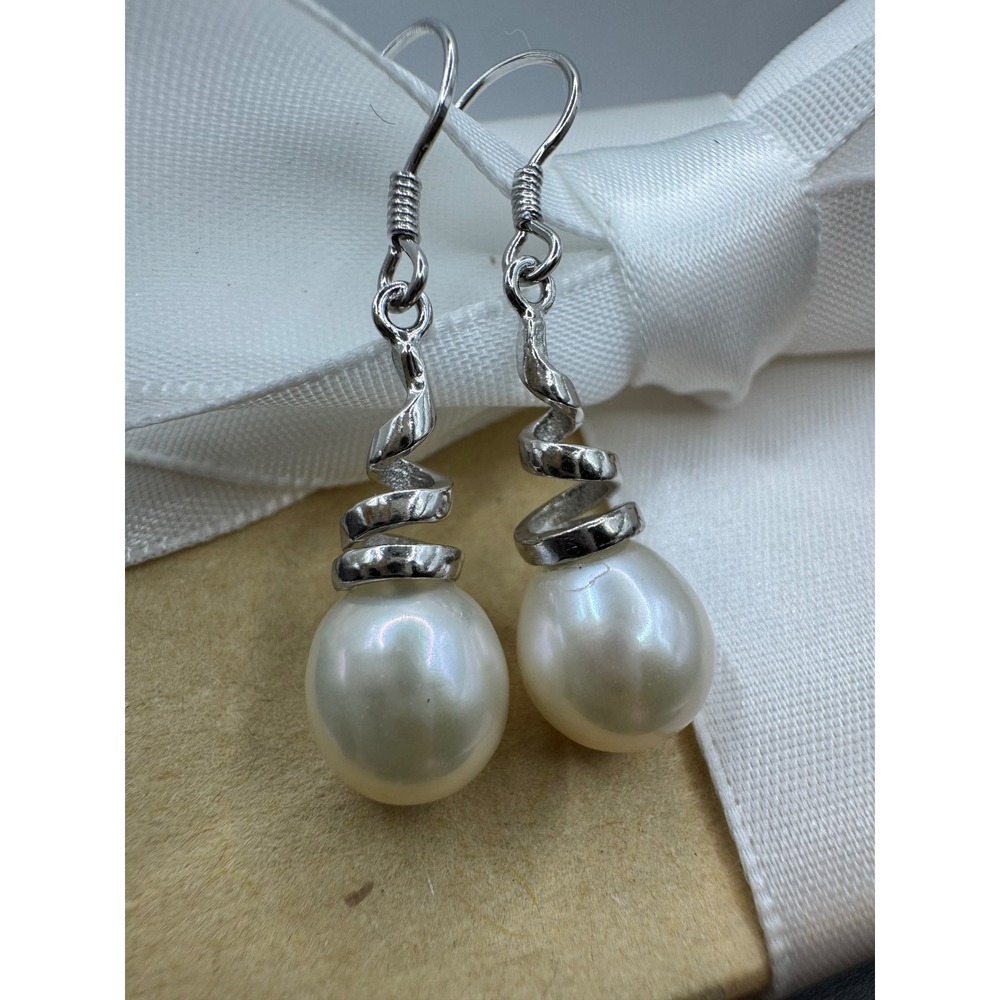 Sterling Silver Pearl Drop Earrings Spiral Twist Dangle French Hook White